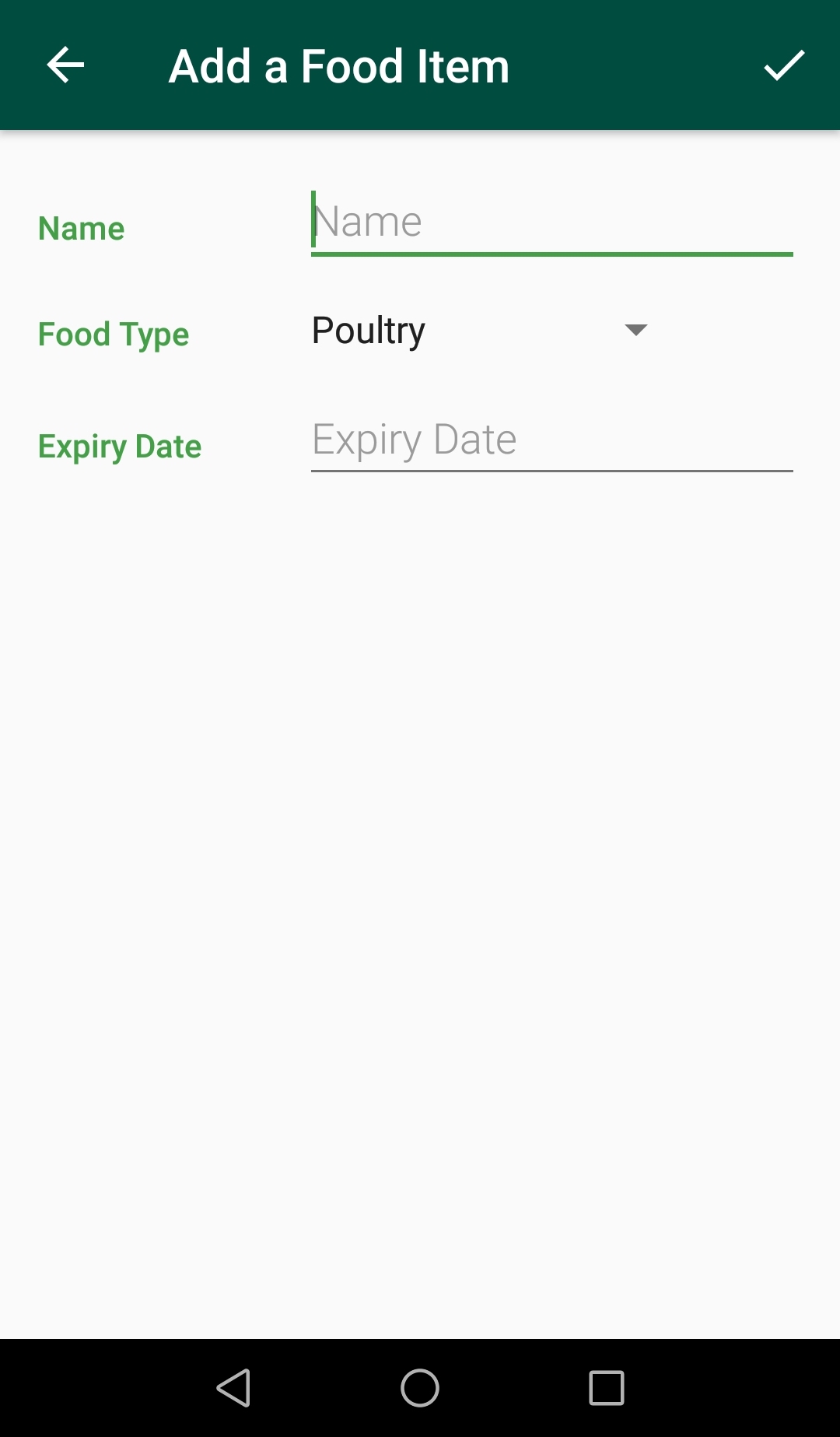 Add food features three input fields - the
                food's name, type and its expiry date.
