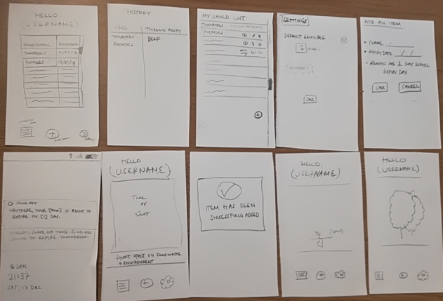 Low fidelity early concept sketches in mobile sized papers with various interfaces
