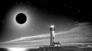 Black and white lighthouse with a black moon.